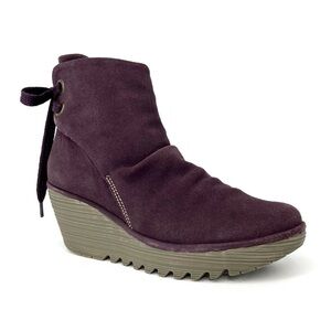 Fly London Yama Ruched Ankle Boots Wedge Heel Purple Suede Euro Size 39 = US 8